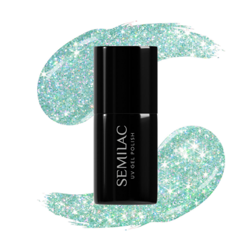 En sort flaske med semi-permanent UV-gel neglelak med en glitrende baggrund.