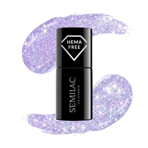 En sort neglelakflaske med hvid tekst, placeret mod en glitterlilla baggrund, mærket "HEMA FREE".