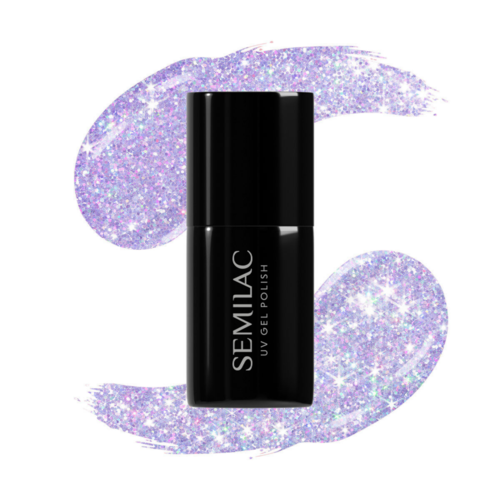 En sort flaske med SEMILAC UV-gel neglelak med glitrende lilla baggrund.