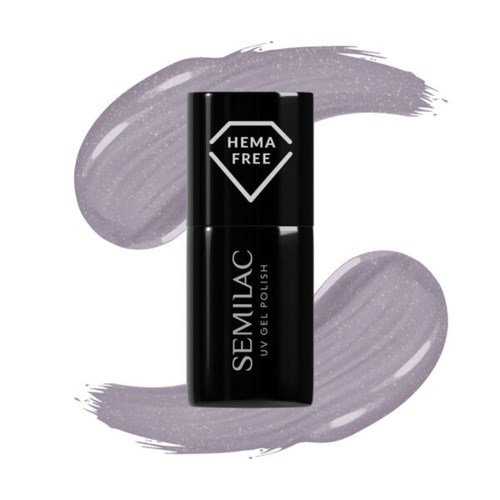 En sort neglelakflaske med sølvhætte, mærket 'SEMILAC UV GEL POLISH' og 'HEMA FREE' øverst.