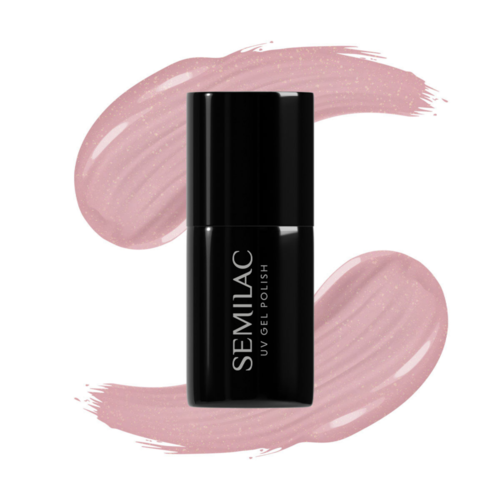 Svart neglelakkflaske med 'SEMILAC UV GEL POLISH' skrevet på, omgitt av rosa børstestreker.
