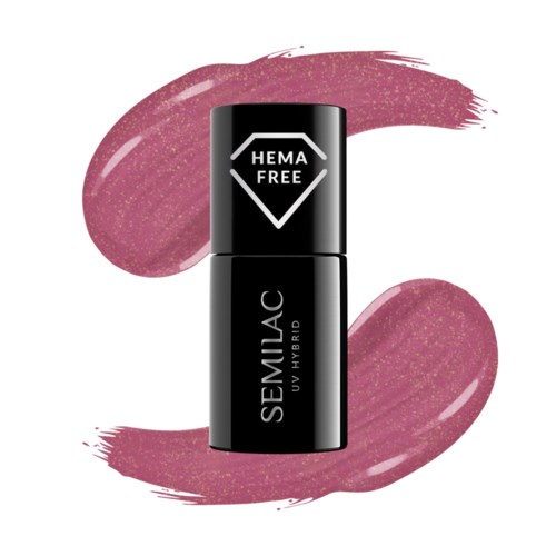 Svart flaske med 'SEMIJAC' og 'UV HYBRID'-tekst, omgitt av rosa neglelakkstrek.