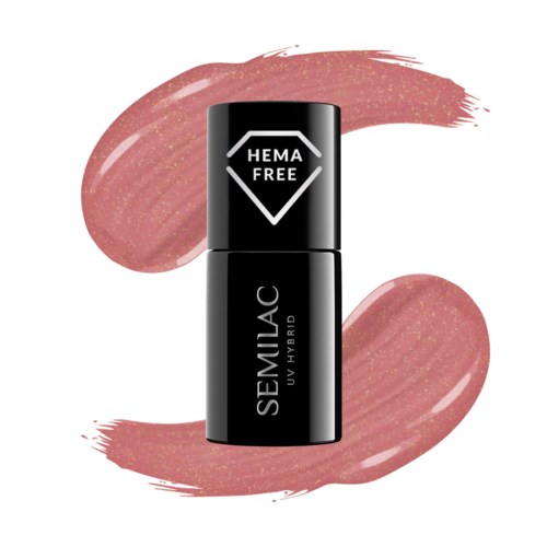 Czarna szminka z tekstem na różowych pociągnięciach pędzla. Pisze "SEMIJAC UV HYBRID" i "HEMA FREE."