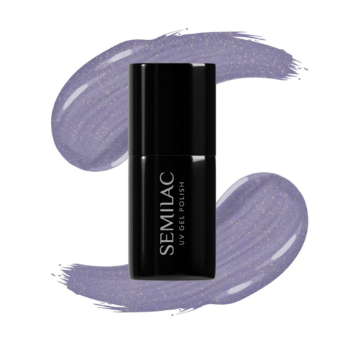 A black nail polish bottle labeled SEMILAC UV Gel Polish, surrounded by purple brush strokes.