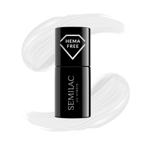 En svart kosmetikkbeholder merket 'SEMIJAC UV HYBRID' med 'HEMA FREE' merke på toppen, satt mot hvite strøk.