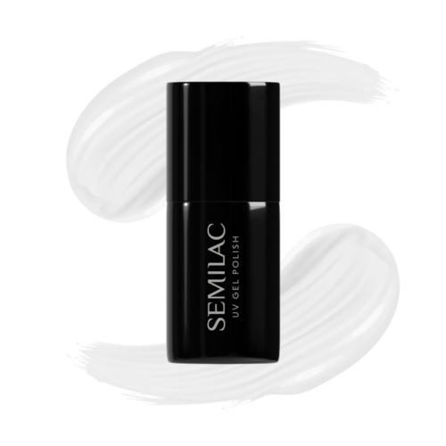Den svarte neglelakkflasken merket 'SEMILAC UV GELLAC POLISH' vises med hvite sveiper i bakgrunnen.