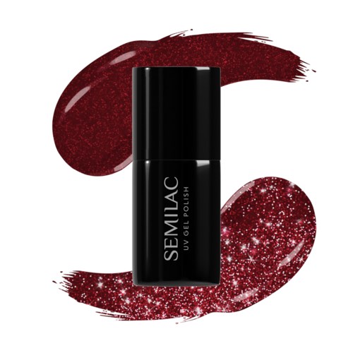 Musta pullo, jossa lukee 'SEMILAC UV GEL POLISH', ja sen ympärillä punaisia glitteriä ja paintterejä.