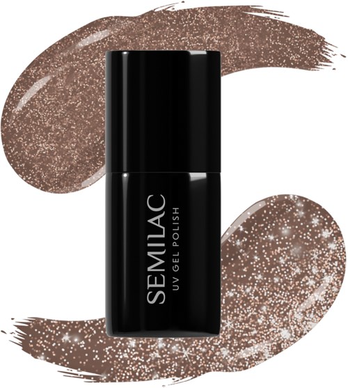 A black bottle of SEMILAC UV gel nail polish with brown glittery background swatches.