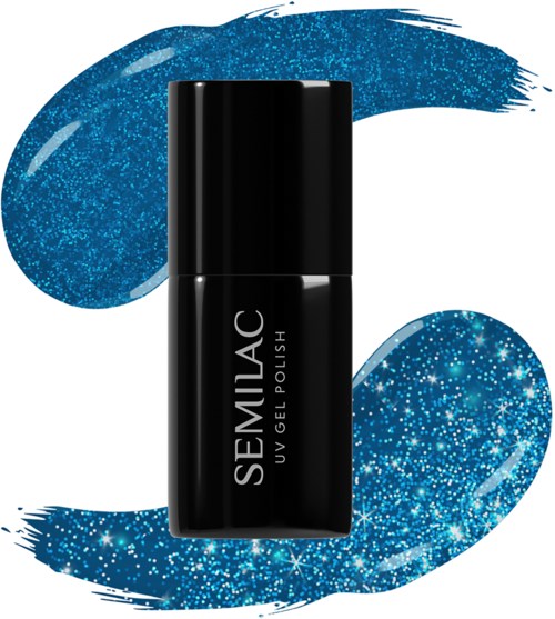 En sort neglelakflaske med mærket 'SEMLAC' og 'UV GEL POLISH' skrevet på den, omgivet af blå glimmer.