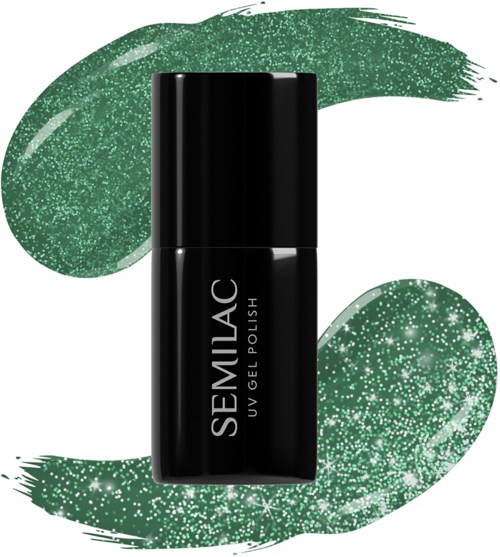 A black nail polish bottle labeled 'SEMLAC UV GEL POLISH' with green glittery paint strokes background.