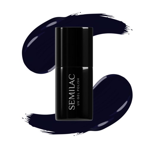 Musta kynsilakkapullo, joka on ympäröity tummansinisistä siveltimistä, ja siinä lukee "SEMIAC UV GEL POLISH."