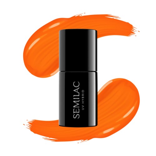 En svart flaske med 'SEMILAC UV HYBRID' skrevet på, omgitt av oransje penselstrøk.