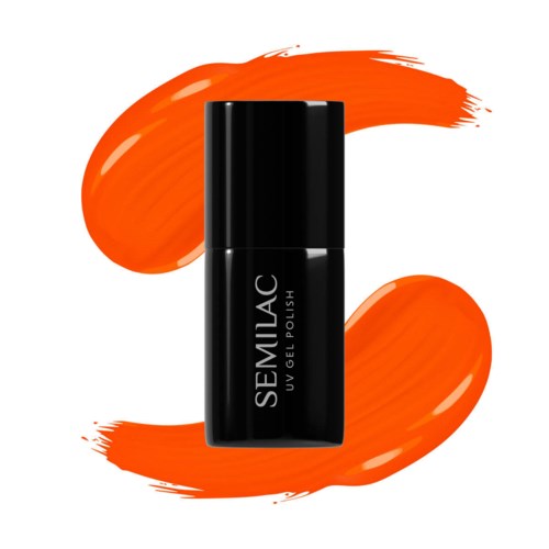 A black bottle labeled 'SEMIAC UV GEL POLISH' with orange brush strokes behind it.