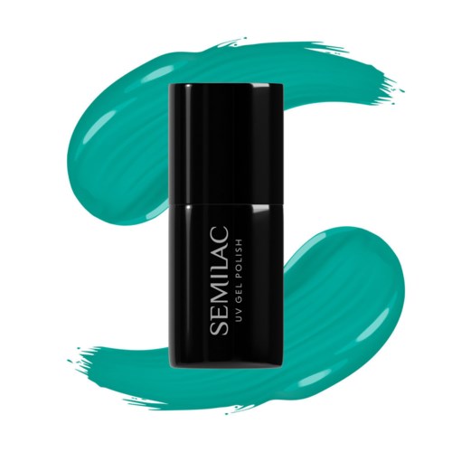En sort flaske mærket 'SEMILAC UV GEL POLISH' med teal farve strøg bagved.
