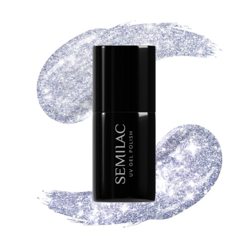 Svart flaske med SEMILAC UV gel-lakk på glitteraktig sølvbakgrunn.