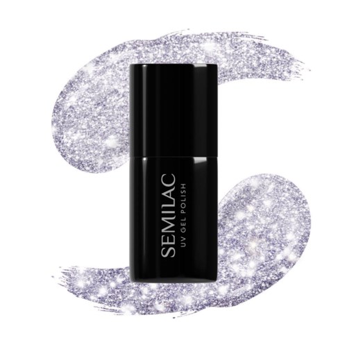 Sort neglelakflaske med 'SEMILAC UV GEL POLISH' tekst og glitrende sølvbaggrund.