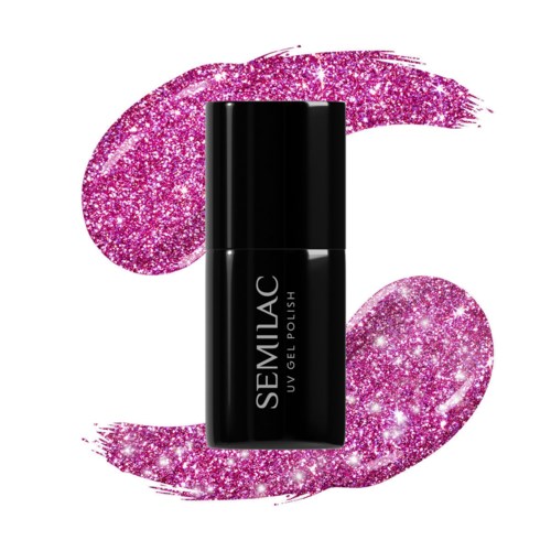 En svart neglelakkflaske med rosa glitterbakgrunn og sirkler, merket 'SEMIAC UV GEL POLISH.'