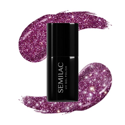 Musta SEMILAC-geelilakkapullo, jonka ympärillä on pinkki glitter-viivoja.