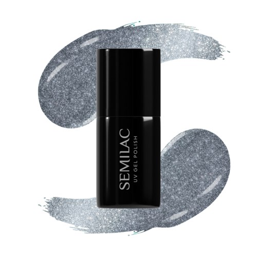Svart flaske med SEMILAC UV gel-lakk og sølvglitrende bakgrunn.