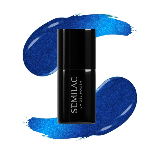 Zwarte nagellakfles met blauwe verfstrepen eromheen, gelabeld 'SEMILAC UV GEL POLISH.'