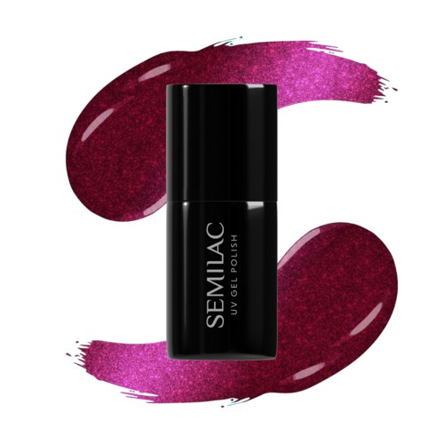 Musta pullo SEMILAC UV-gelilakalle, ympärillä pinkki ja violetti sivellintahra.