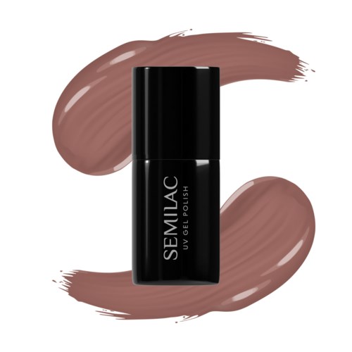 En sort neglelakflaske mærket 'SEMILAC UV GEL POLISH' med brune neglelakstriber omkring den.