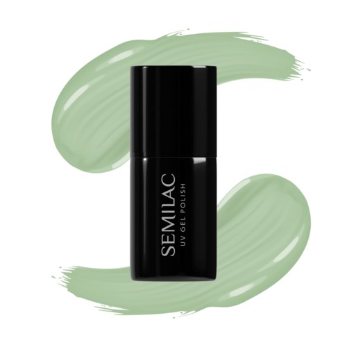 Sort flaske mærket 'SEMILAC UV GEL POLISH' med grønne malerstreger i baggrunden.