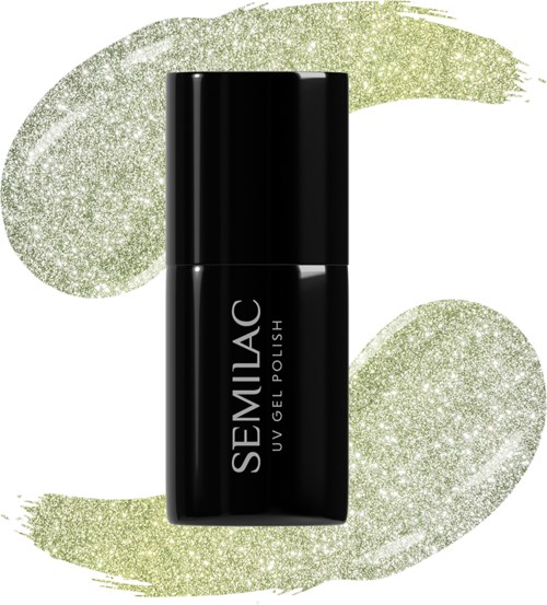 A black nail polish bottle with white text, surrounded by green glittery brush strokes.