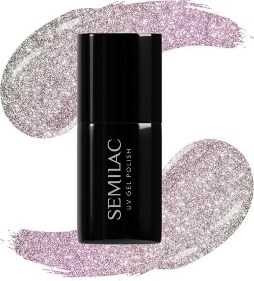 Sort neglelakflaske med teksten "SEMILAC" og "UV GEL POLISH" mod en glittery, lyserød baggrund.