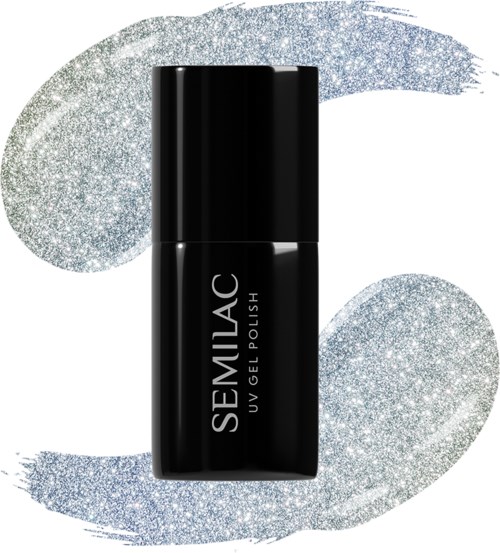 A black nail gel polish bottle with silver glittery background and the text "SEMILAC UV GEL POLISH".