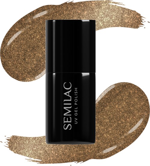 A black bottle of Semilac gel nail polish with a gold glittery background and splash design.