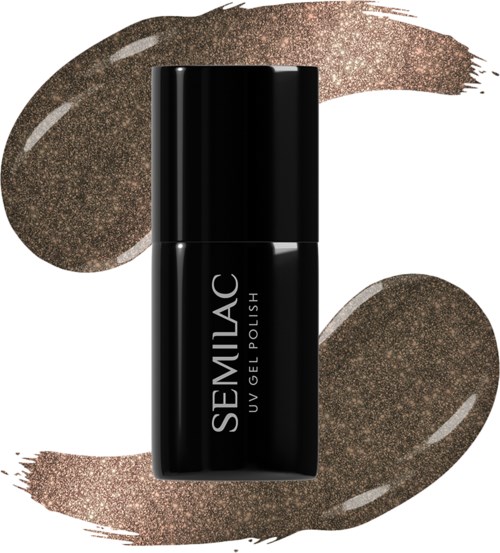 Black nail polish bottle with white text, surrounded by brownish nail polish strokes with glitter effect.