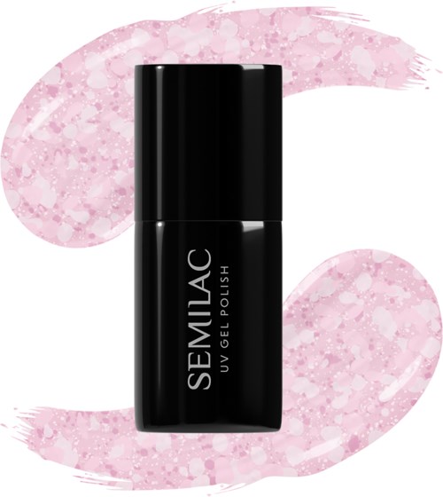 En sort flaske med Semilac UV Gel Polish med rosa baggrund.
