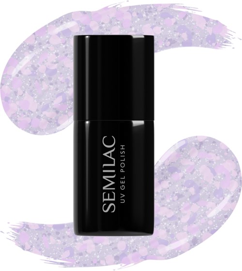 Svart flaske med Semilac UV-gel-lakk med lilla glitterbakgrunn.