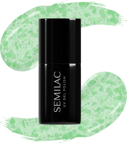 A black bottle of SEMILAC UV gel nail polish on a green, abstract, splatter background.