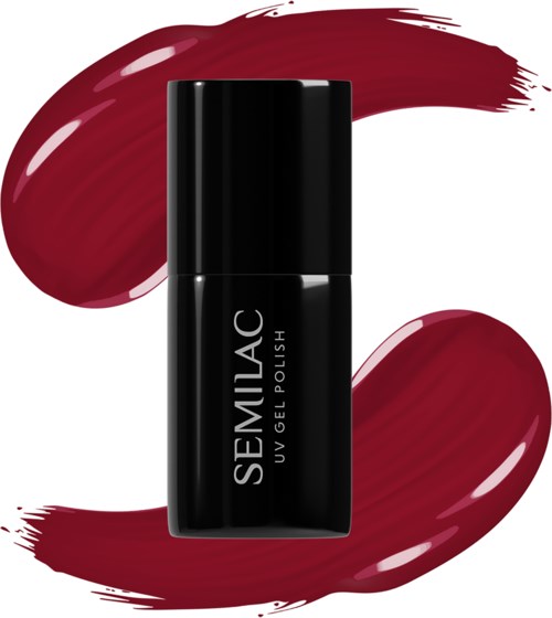 Sort neglelakflaske med 'SEMILAC UV GEL POLISH' tekst, omgivet af streger af dyb rød neglelak.