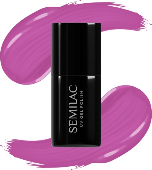 A black bottle labeled 'SEMILAC UV GEL POLISH' with purple brush strokes background.