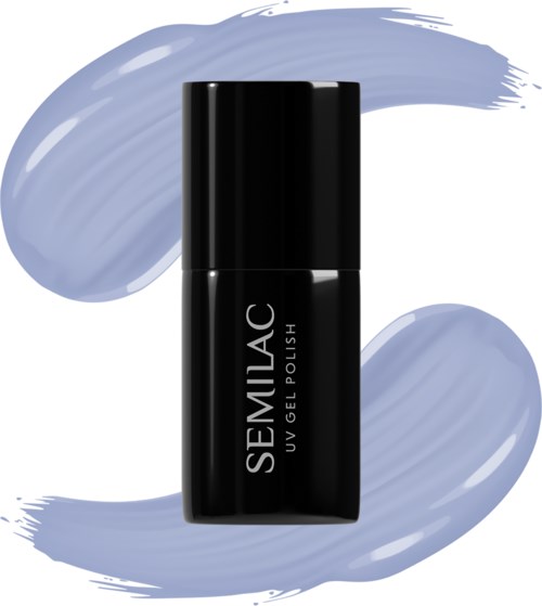 A black bottle of Semilac UV gel polish with blue brush strokes in the background.