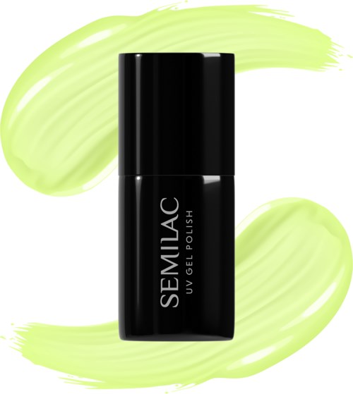 Black Semilac gel polish bottle with light green brush strokes in background.