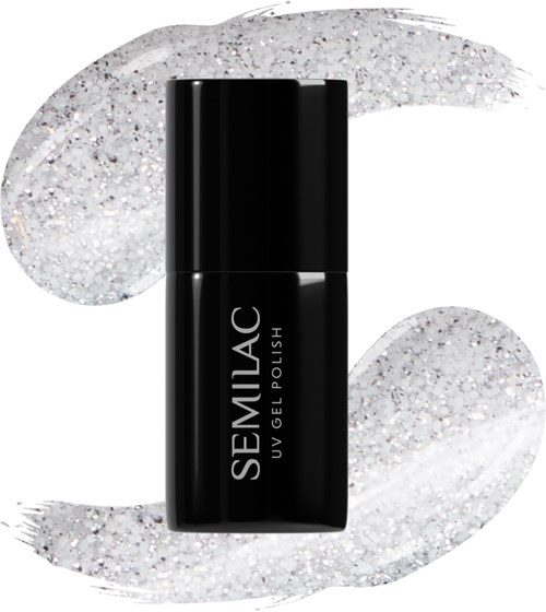 Black Semilac gel polish bottle with silver glittery background.