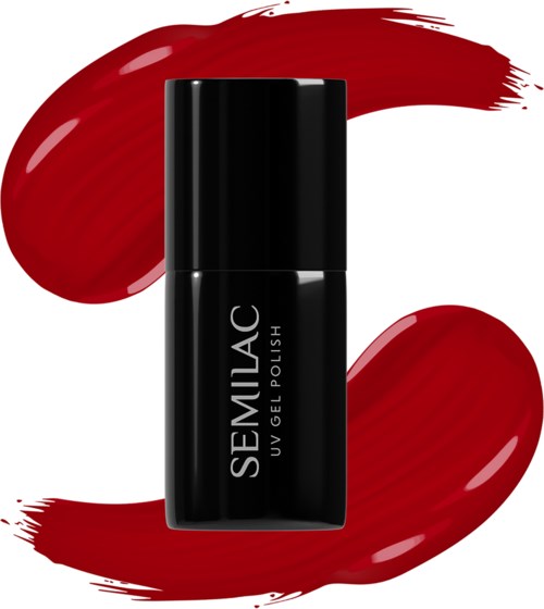 Black nail polish bottle with 'SEMLAC UV GEL POLISH' written on it, on a red paint streak background.