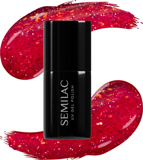 Black nail polish bottle with white text, surrounded by red and gold glittery swirls.