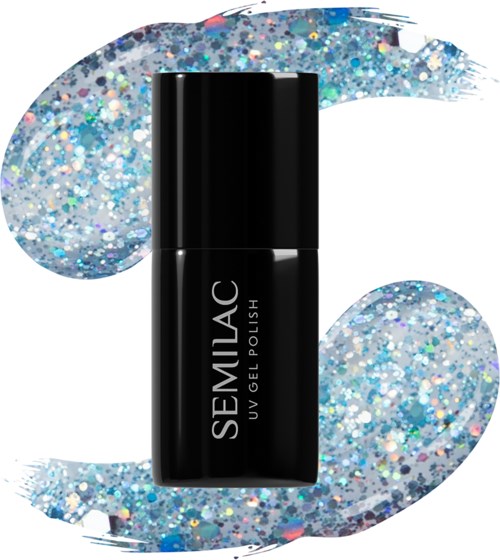 Black nail polish bottle with glittery blue and silver swirls background.