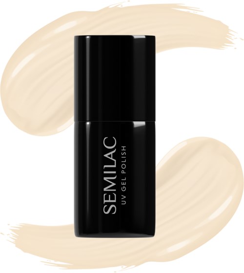 A black bottle labeled 'SEMLAC UV Gel Polish' on a beige background with brush strokes.