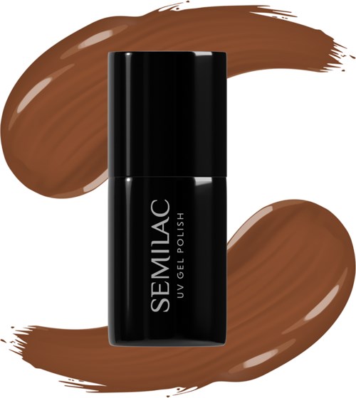 Black nail polish bottle with two brown brush strokes behind it, labeled 'SEMILAC UV Gel Polish'.