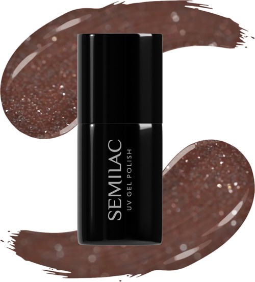 Black nail polish bottle with white text on a brown sparkly background.
