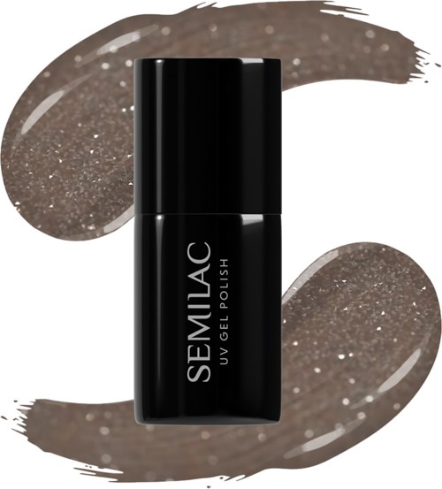 A black bottle labeled 'SEMILAC UV Gel Polish' with brown swatches in the background.