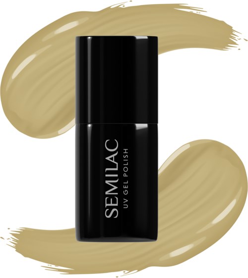 Brand logo on a black gel nail polish bottle with beige brush strokes in the background.