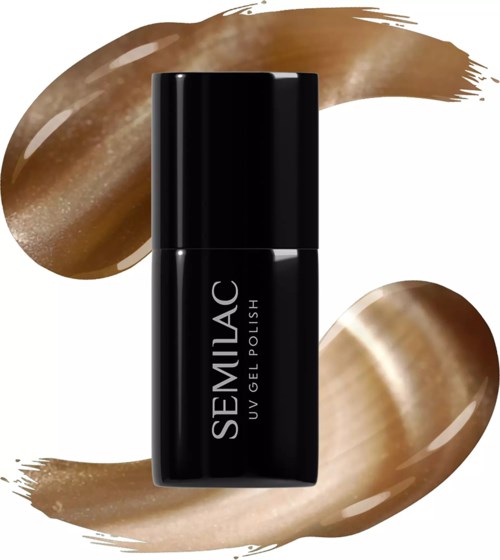 A black bottle of Semilac UV gel nail polish with brownish decorative brush strokes around it.