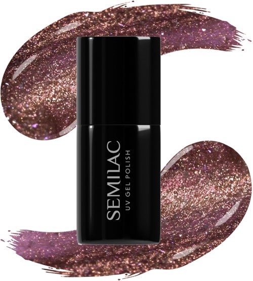 En sort neglelakflaske med en glitteragtig, rosa glitrende baggrund til SEMILAC UV-gel neglelak.